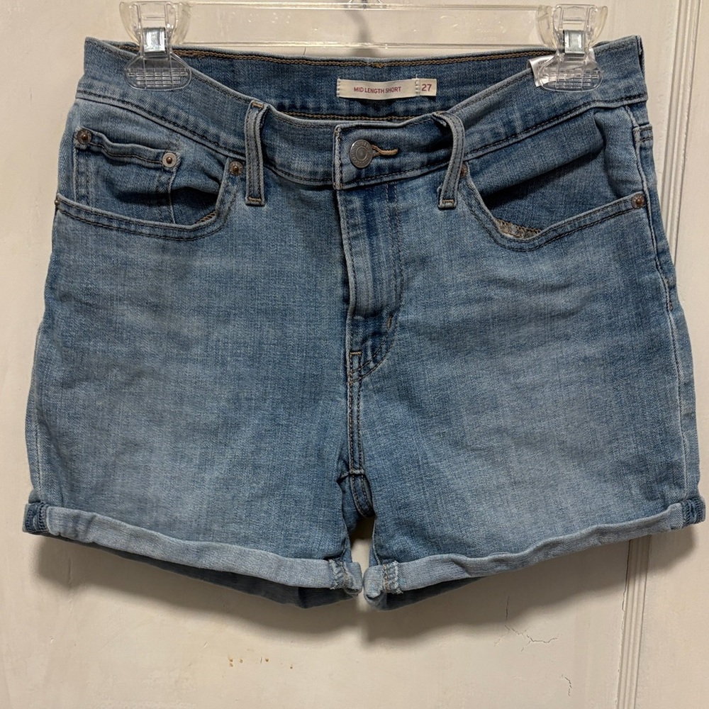 Levi Mid Length Short Women's Blue Stretch Denim Cuffed Shorts 27